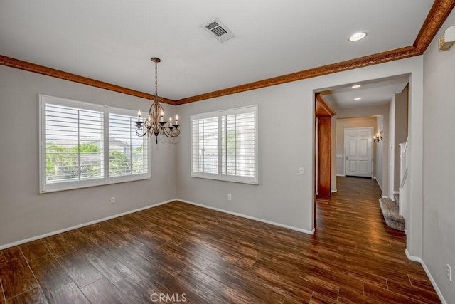 30118 Galbreth Ct, Castaic, CA 91384 - spare room with crown molding, a chandelier, dark wood-style floors, and recessed lighting