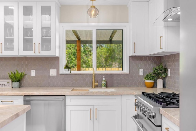 6270 Meadowcrest Dr, La Mesa, CA 91942 - kitchen featuring appliances with stainless steel finishes, white cabinets, glass insert cabinets, and tasteful backsplash