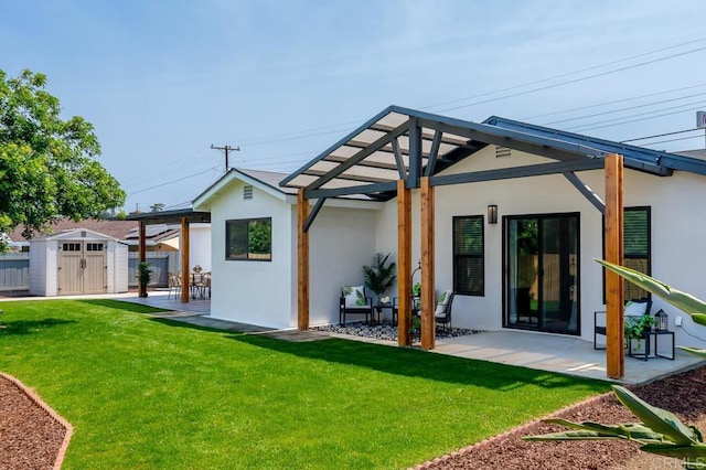 6270 Meadowcrest Dr, La Mesa, CA 91942 - back of house with stucco siding, a patio area, and a storage shed