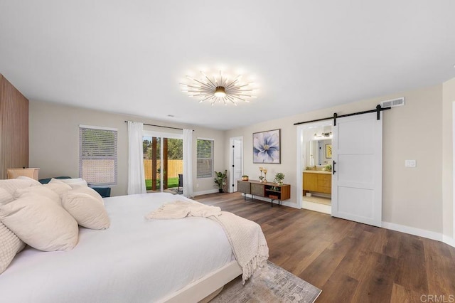 6270 Meadowcrest Dr, La Mesa, CA 91942 - bedroom with a barn door, dark wood-style floors, ensuite bath, and access to exterior