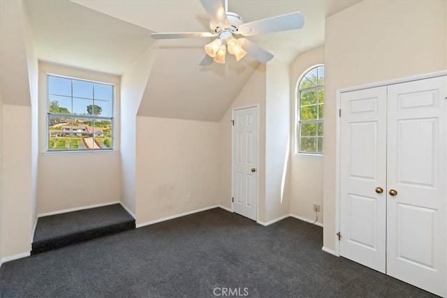 31655 Pio Pico Rd, Temecula, CA 92592 - bonus room with dark colored carpet, a ceiling fan, and lofted ceiling