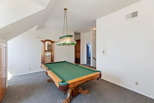 31655 Pio Pico Rd, Temecula, CA 92592 - game room with carpet flooring, billiards table, and vaulted ceiling