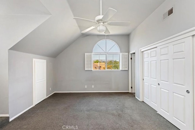 31655 Pio Pico Rd, Temecula, CA 92592 - unfurnished bedroom featuring carpet floors, vaulted ceiling, a ceiling fan, and a closet