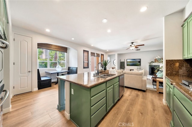 8 Caltrop Way, Ladera Ranch, CA 92694 - kitchen featuring green cabinets, dishwasher, arched walkways, recessed lighting, and ceiling fan