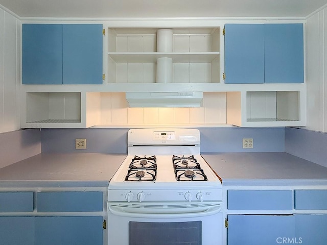 569 Huntington Rd, Cambria, CA 93428 - kitchen with white gas range, open shelves, range hood, and blue cabinets