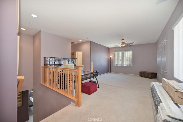 11180 Bridgefield Ct, Riverside, CA 92505 - interior space with carpet floors, a ceiling fan, an upstairs landing, and recessed lighting