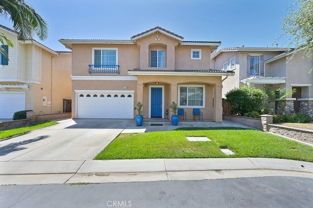 11180 Bridgefield Ct, Riverside, CA 92505 - mediterranean / spanish home with stucco siding, an attached garage, a tiled roof, driveway, and a front lawn