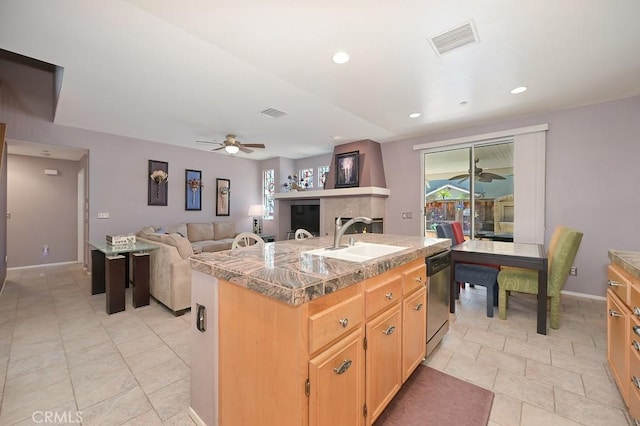 11180 Bridgefield Ct, Riverside, CA 92505 - kitchen with ceiling fan, tile countertops, a kitchen island with sink, dishwasher, and recessed lighting