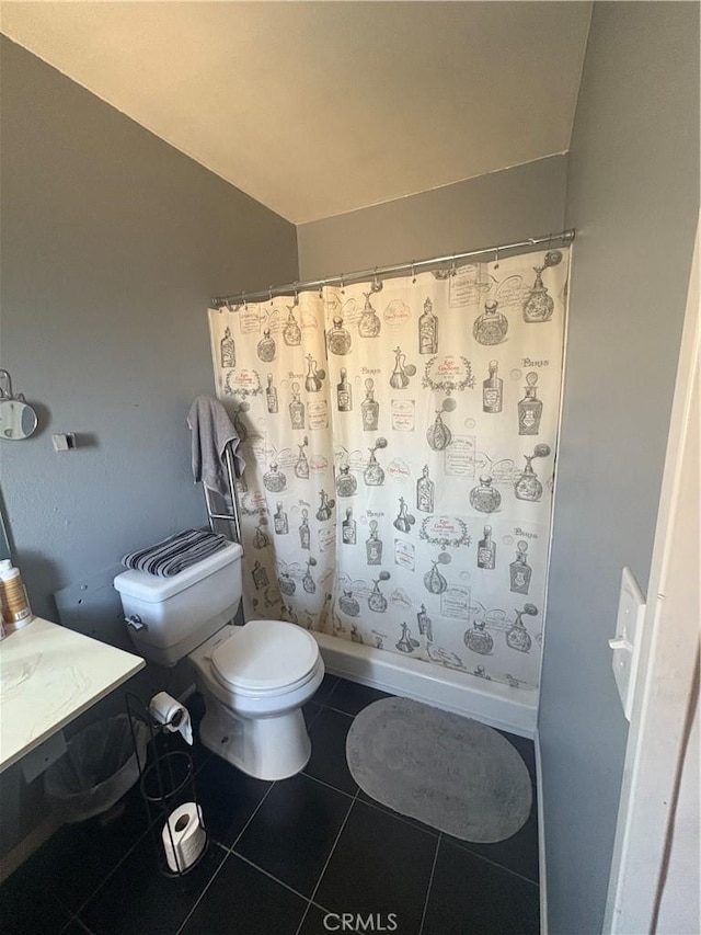 7103 Hanford Ave, Yucca Valley, CA 92284 - full bath with tile patterned floors, a shower with shower curtain, and vanity