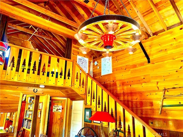 33140 Juniper Ln, Green Valley Lake, CA 92341 - staircase with wood walls, high vaulted ceiling, and a wooden ceiling with exposed beams