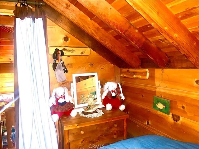 33140 Juniper Ln, Green Valley Lake, CA 92341 - bedroom featuring wood walls and a wood ceiling with exposed beams