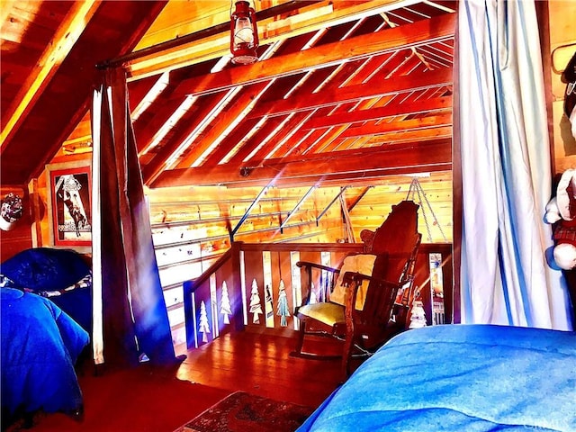 33140 Juniper Ln, Green Valley Lake, CA 92341 - bedroom with lofted ceiling and wooden walls