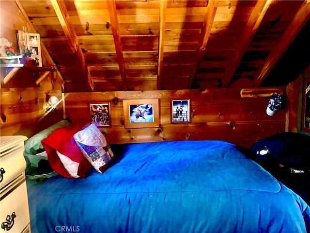 33140 Juniper Ln, Green Valley Lake, CA 92341 - bedroom featuring wood ceiling and wooden walls