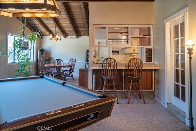 3134 Half Circle Rd, Norco, CA 92860 - playroom with a wooden ceiling with exposed beams, billiards table, a bar, and carpet flooring