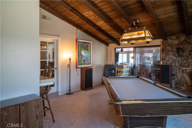 3134 Half Circle Rd, Norco, CA 92860 - recreation room with wood ceiling, carpet floors, and billiards