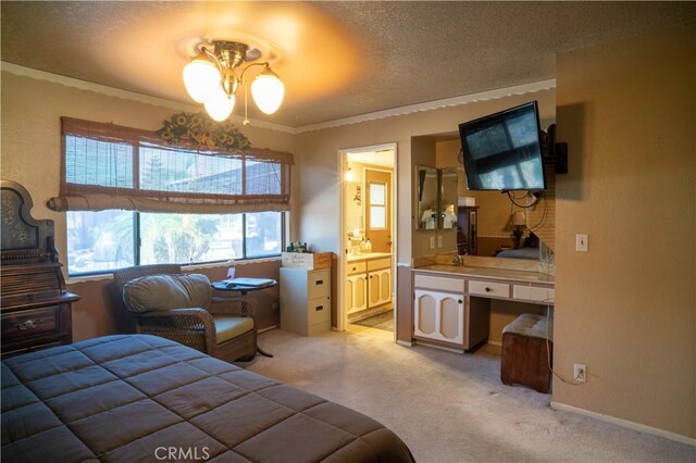 3134 Half Circle Rd, Norco, CA 92860 - bedroom with light carpet, a textured ceiling, connected bathroom, and crown molding