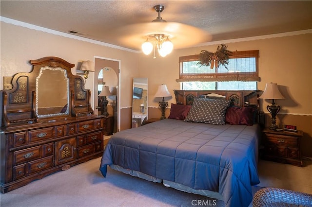 3134 Half Circle Rd, Norco, CA 92860 - bedroom featuring ornamental molding, carpet floors, a textured ceiling, and a ceiling fan