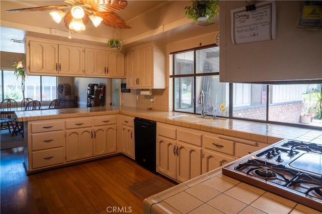 3134 Half Circle Rd, Norco, CA 92860 - kitchen featuring black dishwasher, tile counters, a peninsula, and a ceiling fan