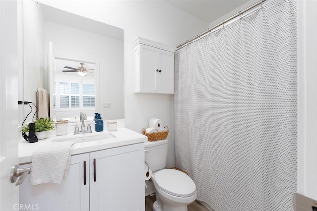 11046 Wander Dr, Rancho Cucamonga, CA 91730 - bathroom featuring vanity, a ceiling fan, and a shower with shower curtain