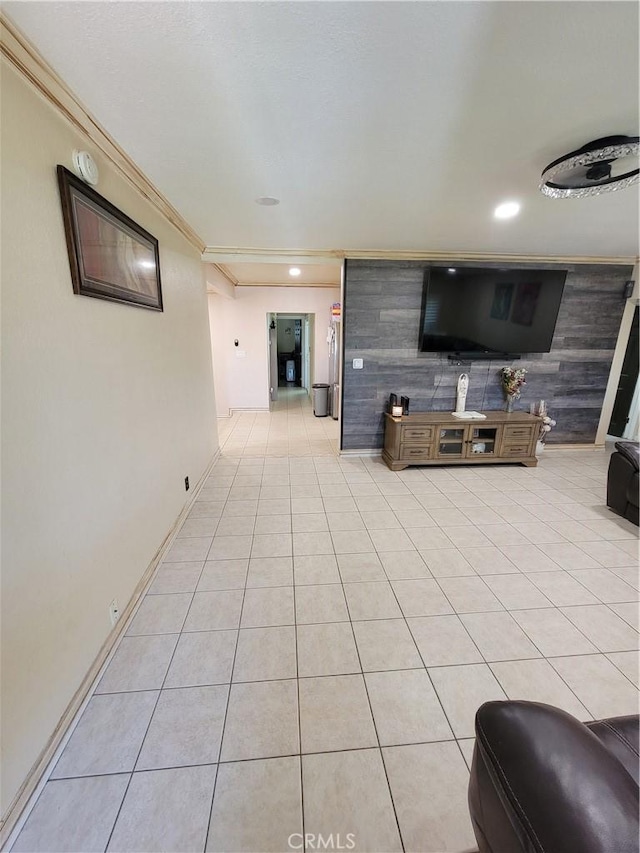 11521 Mclaren St, Norwalk, CA 90650 - living room featuring light tile patterned floors, crown molding, and recessed lighting
