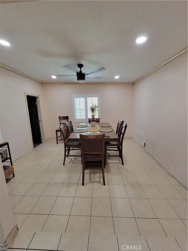 11521 Mclaren St, Norwalk, CA 90650 - dining room featuring a ceiling fan, recessed lighting, crown molding, and light tile patterned floors
