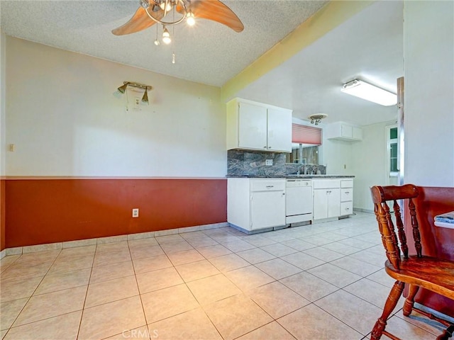 346 E Plymouth St, Glendora, CA 91740 - kitchen featuring white dishwasher, ceiling fan, white cabinetry, tasteful backsplash, and light tile patterned floors
