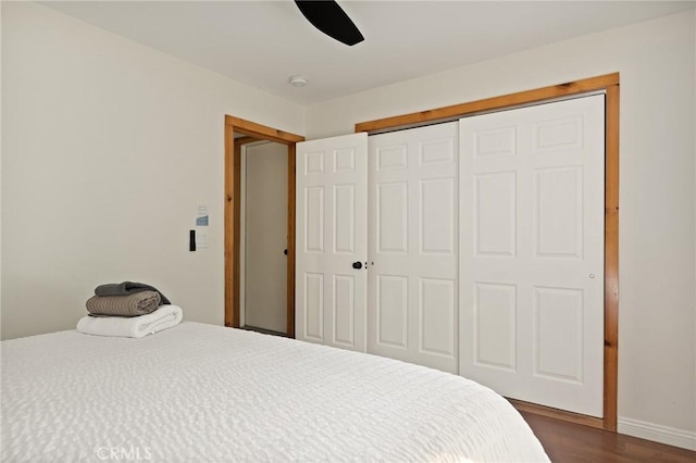 1348 Manzanita Way, Lake Arrowhead, CA 92352 - bedroom featuring dark wood-style floors, a closet, and ceiling fan
