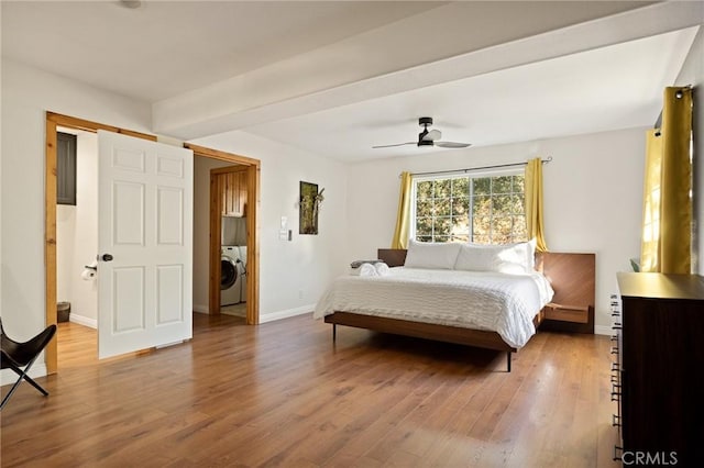 1348 Manzanita Way, Lake Arrowhead, CA 92352 - bedroom featuring washer / dryer, wood finished floors, and ceiling fan