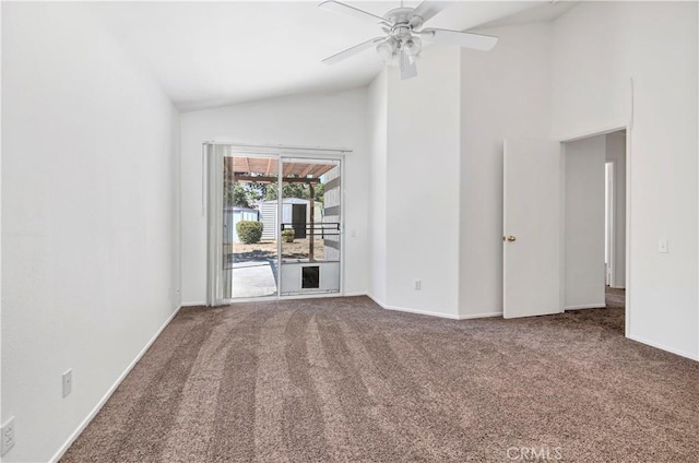 1083 Mill Iron Way, San Jacinto, CA 92583 - unfurnished living room featuring carpet floors, high vaulted ceiling, and ceiling fan