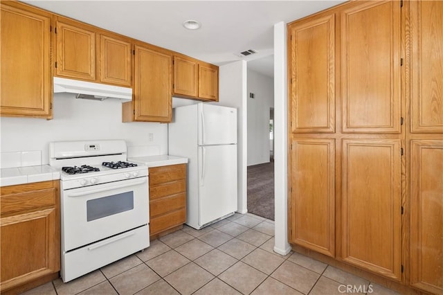 1083 Mill Iron Way, San Jacinto, CA 92583 - kitchen with white appliances, under cabinet range hood, light tile patterned flooring, tile counters, and light colored carpet