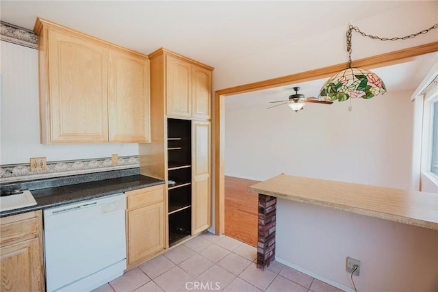 9576 Via Bernardo, Burbank, CA 91504 - kitchen featuring dishwasher, light brown cabinetry, a ceiling fan, light tile patterned floors, and dark countertops