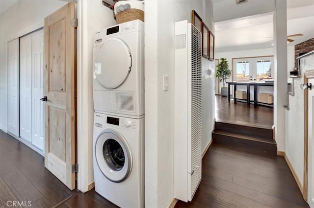 239 Nieto Ave Unit A, Long Beach, CA 90803 - laundry area featuring stacked washer / drying machine, dark wood finished floors, a heating unit, and ceiling fan