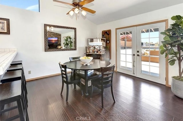 239 Nieto Ave Unit A, Long Beach, CA 90803 - dining area featuring french doors, ceiling fan, lofted ceiling, and dark wood-type flooring