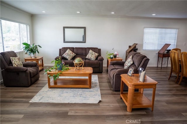 10515 Acoro St, Bellflower, CA 90706 - living room featuring crown molding, recessed lighting, and wood finished floors