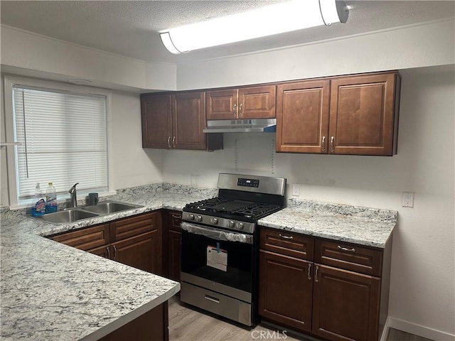 2023 Jewell Ln, Redding, CA 96001 - kitchen with stainless steel gas stove, under cabinet range hood, light wood-style floors, and dark brown cabinetry
