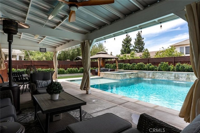 4139 Sunshine Ct, Merced, CA 95340 - view of swimming pool with a gazebo, a fenced backyard, a ceiling fan, and a patio area