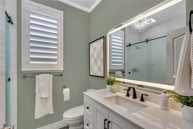 4139 Sunshine Ct, Merced, CA 95340 - full bathroom with vanity, a stall shower, and crown molding
