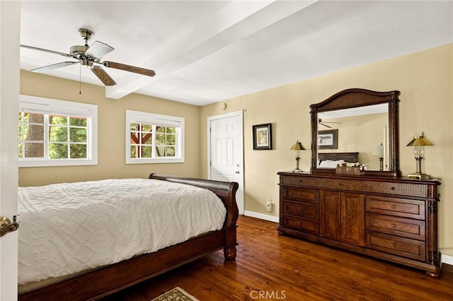 1 Sunny Slope, Running Springs, CA 92382 - bedroom featuring beam ceiling, dark wood-style floors, and a ceiling fan