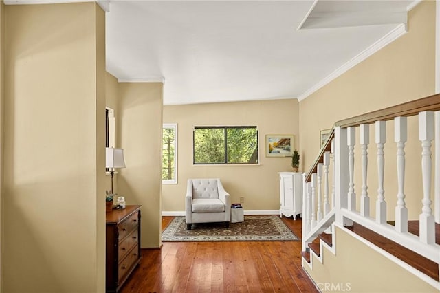 1 Sunny Slope, Running Springs, CA 92382 - sitting room featuring stairs, wood-type flooring, and ornamental molding