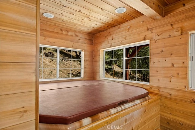 1 Sunny Slope, Running Springs, CA 92382 - detailed view of a wooden ceiling with exposed beams, wooden walls, and recessed lighting