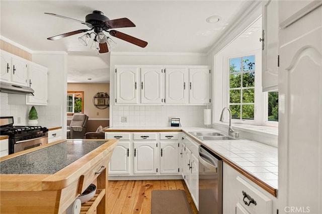 1 Sunny Slope, Running Springs, CA 92382 - kitchen with appliances with stainless steel finishes, under cabinet range hood, tile counters, white cabinetry, and ornamental molding
