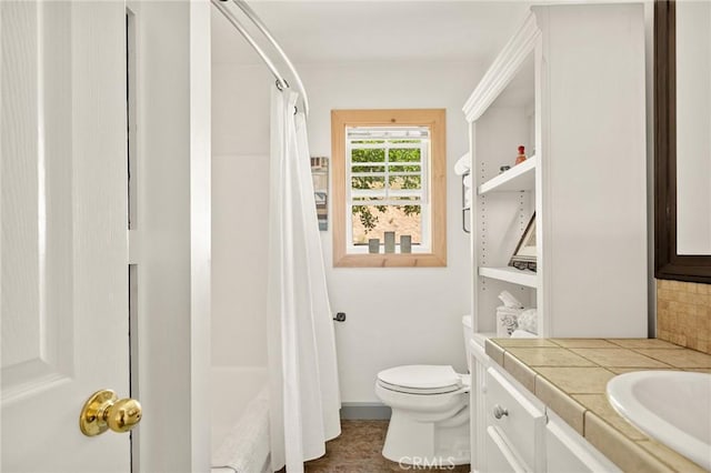 1 Sunny Slope, Running Springs, CA 92382 - full bathroom with vanity, decorative backsplash, and a shower with shower curtain