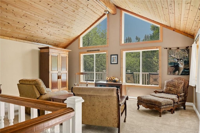 1 Sunny Slope, Running Springs, CA 92382 - living area with a wooden ceiling with exposed beams, carpet, and high vaulted ceiling