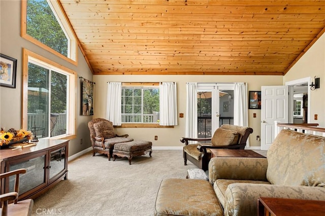 1 Sunny Slope, Running Springs, CA 92382 - living room with wood ceiling, carpet flooring, french doors, and high vaulted ceiling