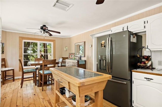 1 Sunny Slope, Running Springs, CA 92382 - kitchen featuring ceiling fan, stainless steel refrigerator with ice dispenser, crown molding, and white cabinets