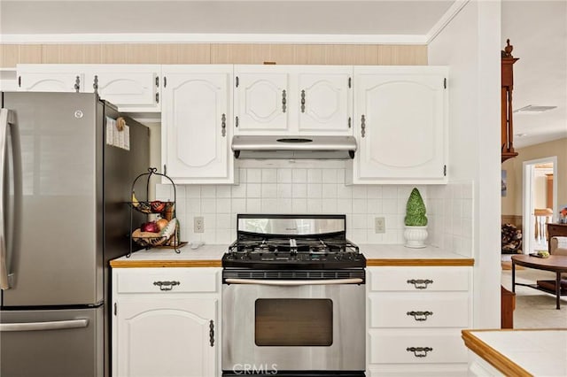 1 Sunny Slope, Running Springs, CA 92382 - kitchen featuring stainless steel appliances, under cabinet range hood, white cabinetry, tasteful backsplash, and ornamental molding