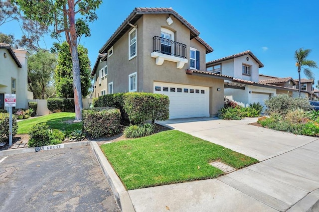 6847 Adolphia Dr, Carlsbad, CA 92011 - mediterranean / spanish-style house featuring a balcony, an attached garage, stucco siding, and a tile roof