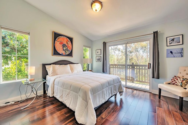6847 Adolphia Dr, Carlsbad, CA 92011 - bedroom featuring access to outside, lofted ceiling, and dark wood finished floors