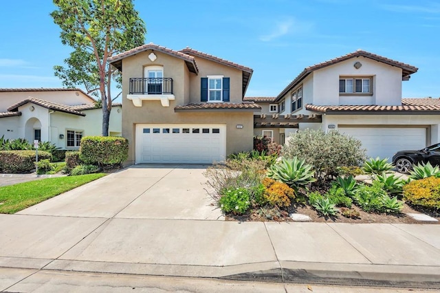 6847 Adolphia Dr, Carlsbad, CA 92011 - mediterranean / spanish house with a balcony, a garage, a tile roof, and stucco siding