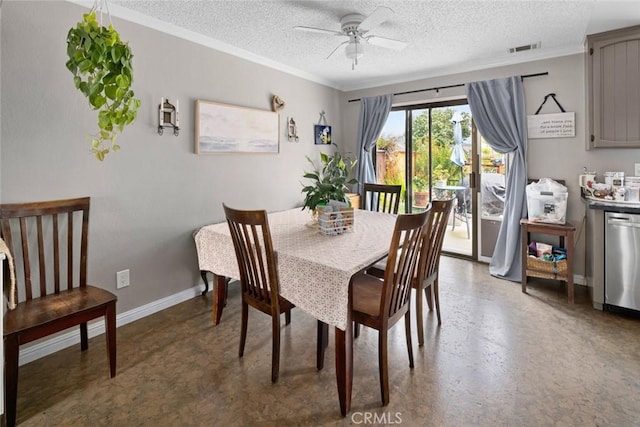 1246 15th St, Los Osos, CA 93402 - dining space with a textured ceiling, a ceiling fan, and crown molding